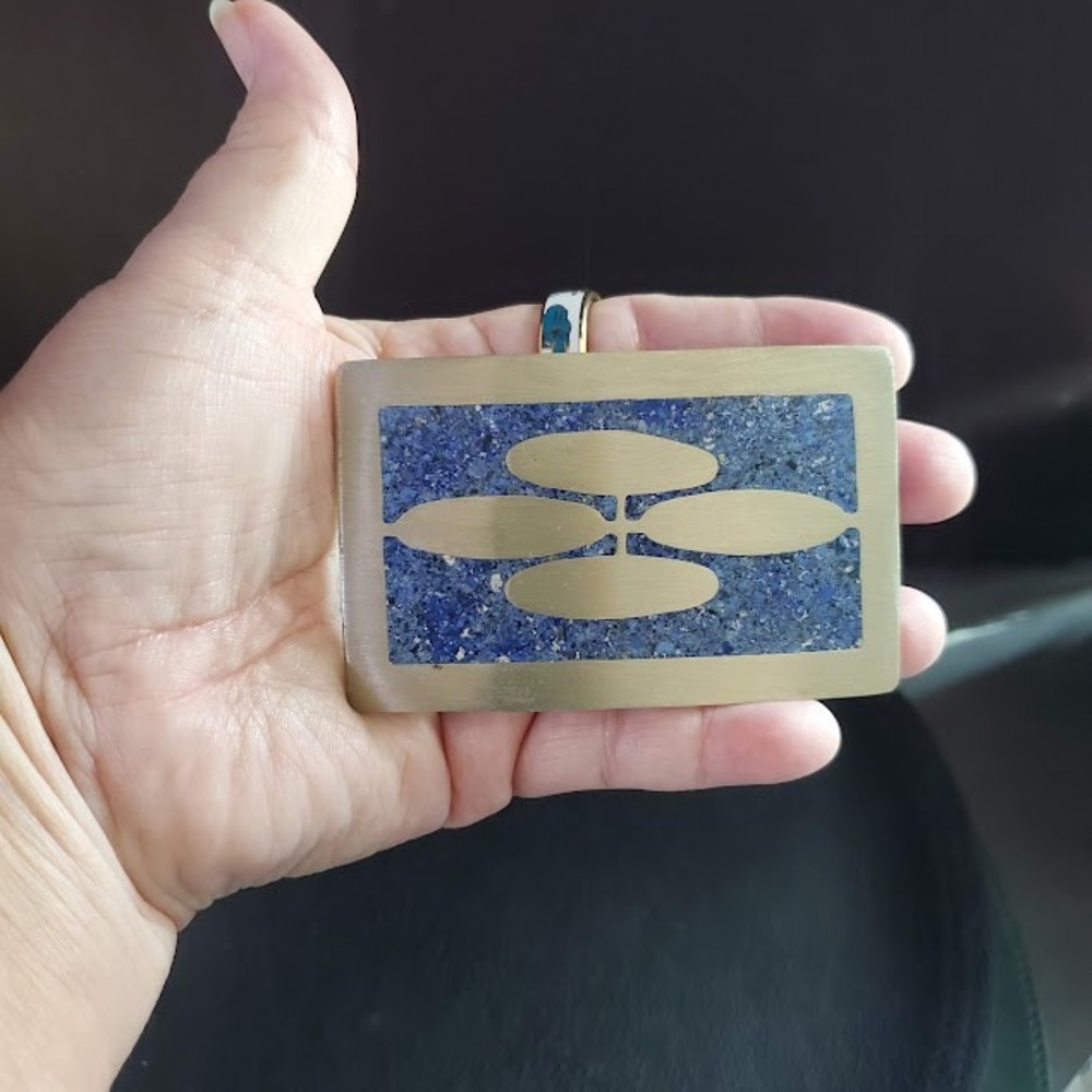 Mexican Crushed Stone Inlay Silver Tone Belt Buckle Geometric Blue Modernist